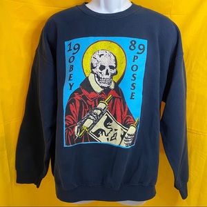 Obey Posse Grim Reaper Skull Navy Blue Crewneck M